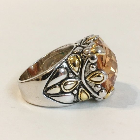 Amber Orange Stone Ring Ornate 18KGE Silver Gold - Picture 6 of 8